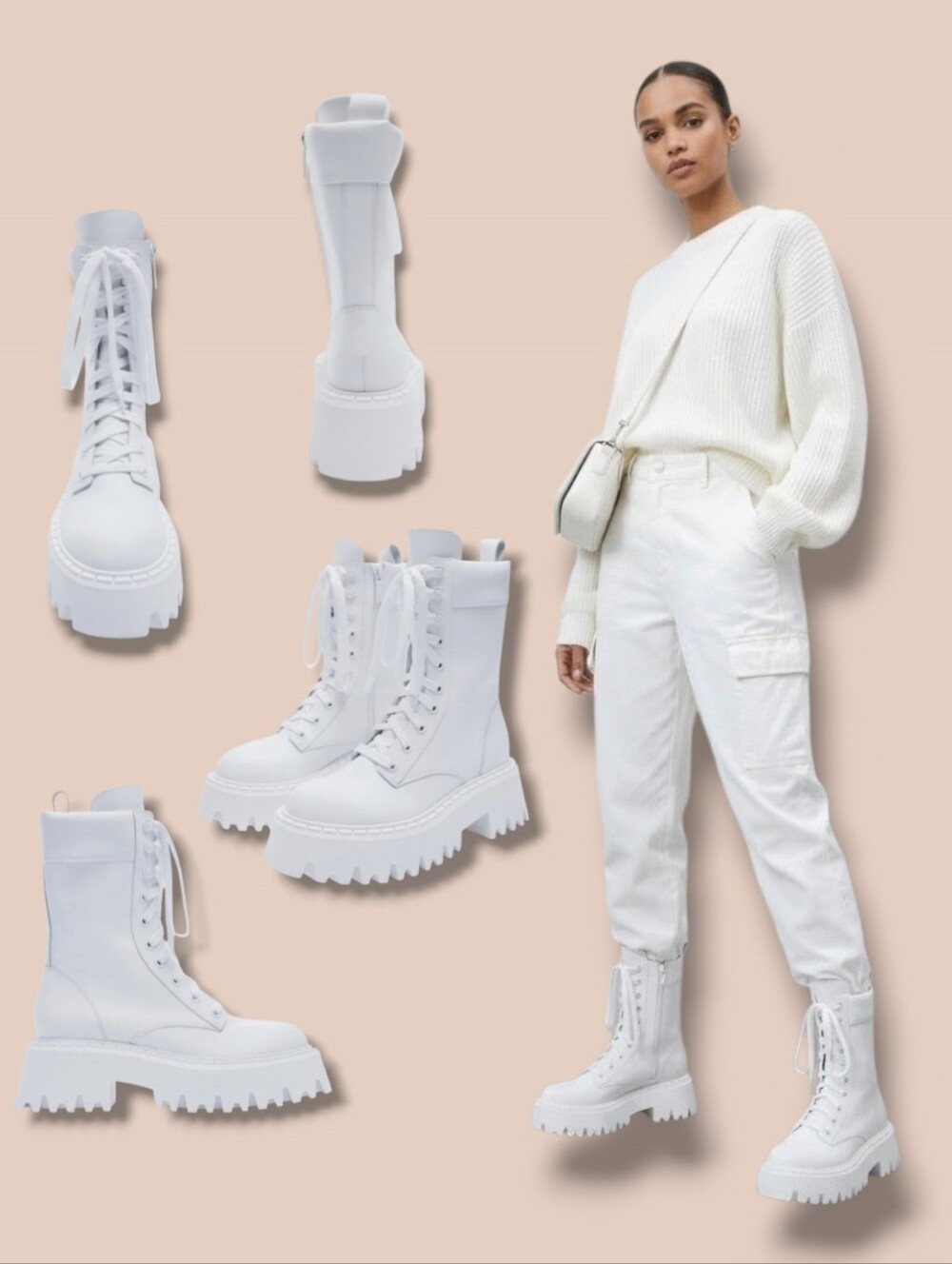 NEW 🤍 ZARA Women's White Leather Lug Sole Lace-Up Boots